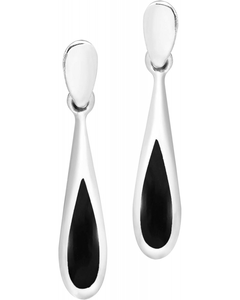 Elegantly Long Teardrop with Inlaid Simulated Black Onyx .925 Sterling Silver Post Drop Dangle Earrings $8.98 Earrings