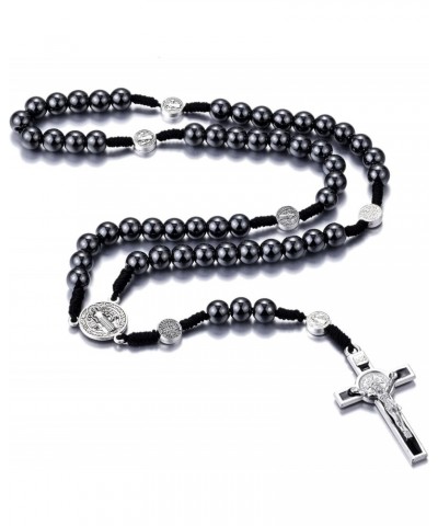 8mm Hematite Rosary Black Stone Beads and St.Benedict Metal Beads Rosary Necklace with Medal & Cross for Men and Womens $7.69...