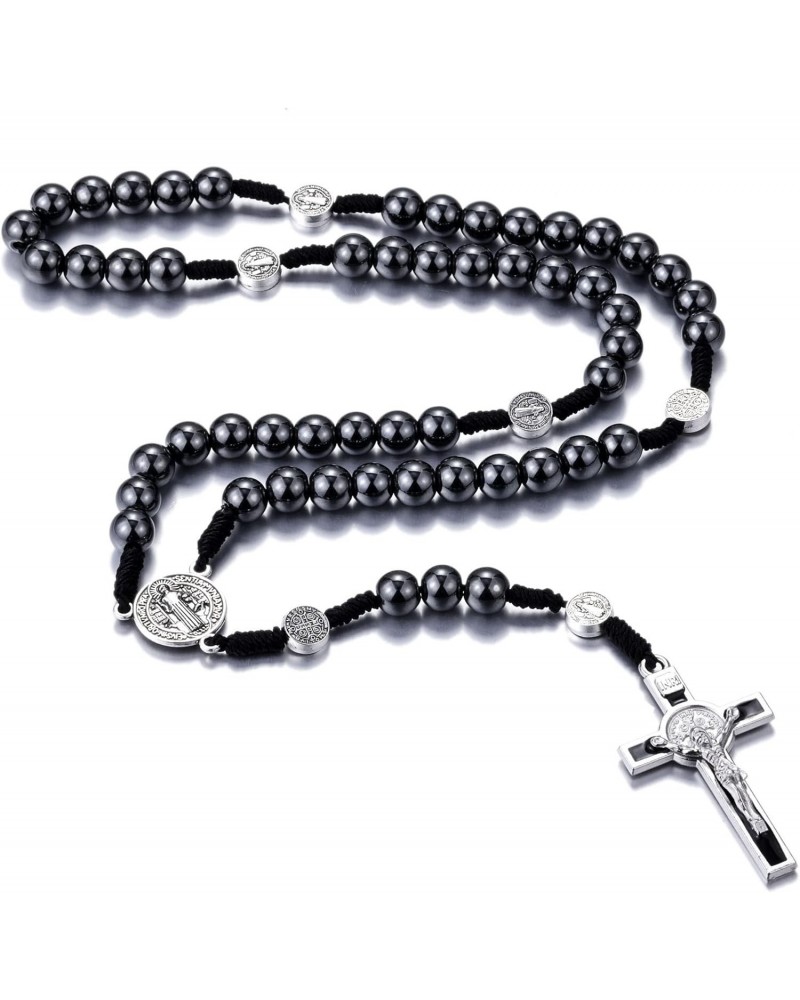 8mm Hematite Rosary Black Stone Beads and St.Benedict Metal Beads Rosary Necklace with Medal & Cross for Men and Womens $7.69...