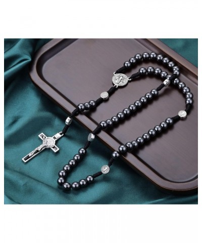 8mm Hematite Rosary Black Stone Beads and St.Benedict Metal Beads Rosary Necklace with Medal & Cross for Men and Womens $7.69...