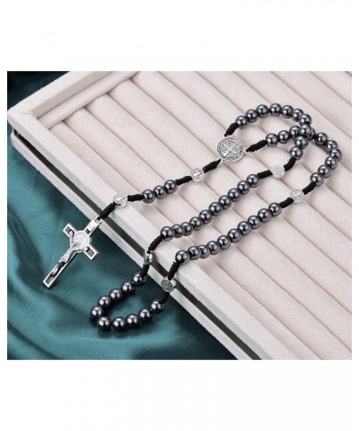 8mm Hematite Rosary Black Stone Beads and St.Benedict Metal Beads Rosary Necklace with Medal & Cross for Men and Womens $7.69...