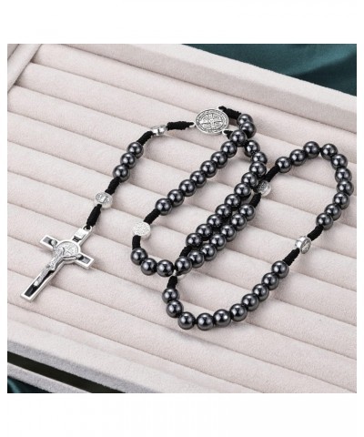 8mm Hematite Rosary Black Stone Beads and St.Benedict Metal Beads Rosary Necklace with Medal & Cross for Men and Womens $7.69...