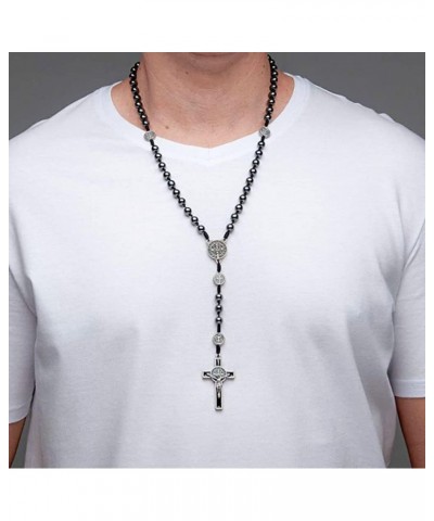 8mm Hematite Rosary Black Stone Beads and St.Benedict Metal Beads Rosary Necklace with Medal & Cross for Men and Womens $7.69...