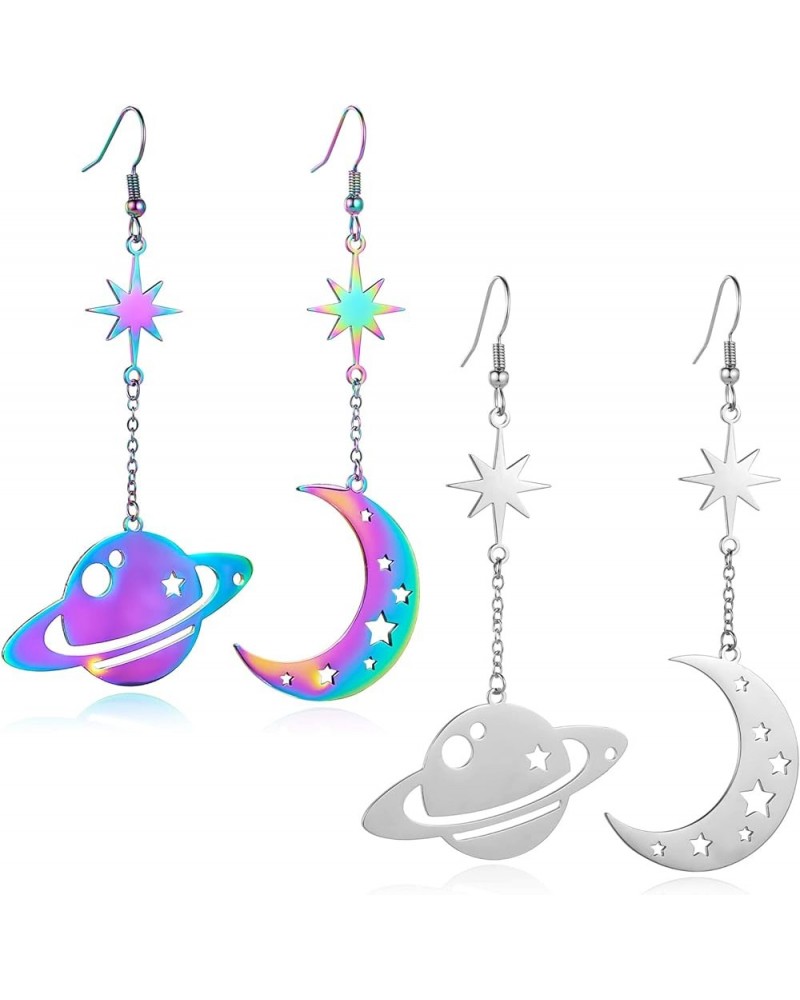 Space Dangle Earrings for Women Girls Asymmetrical Celestial Moon Star Saturn Earrings Dangling Crescent Moon Planet Drops Go...