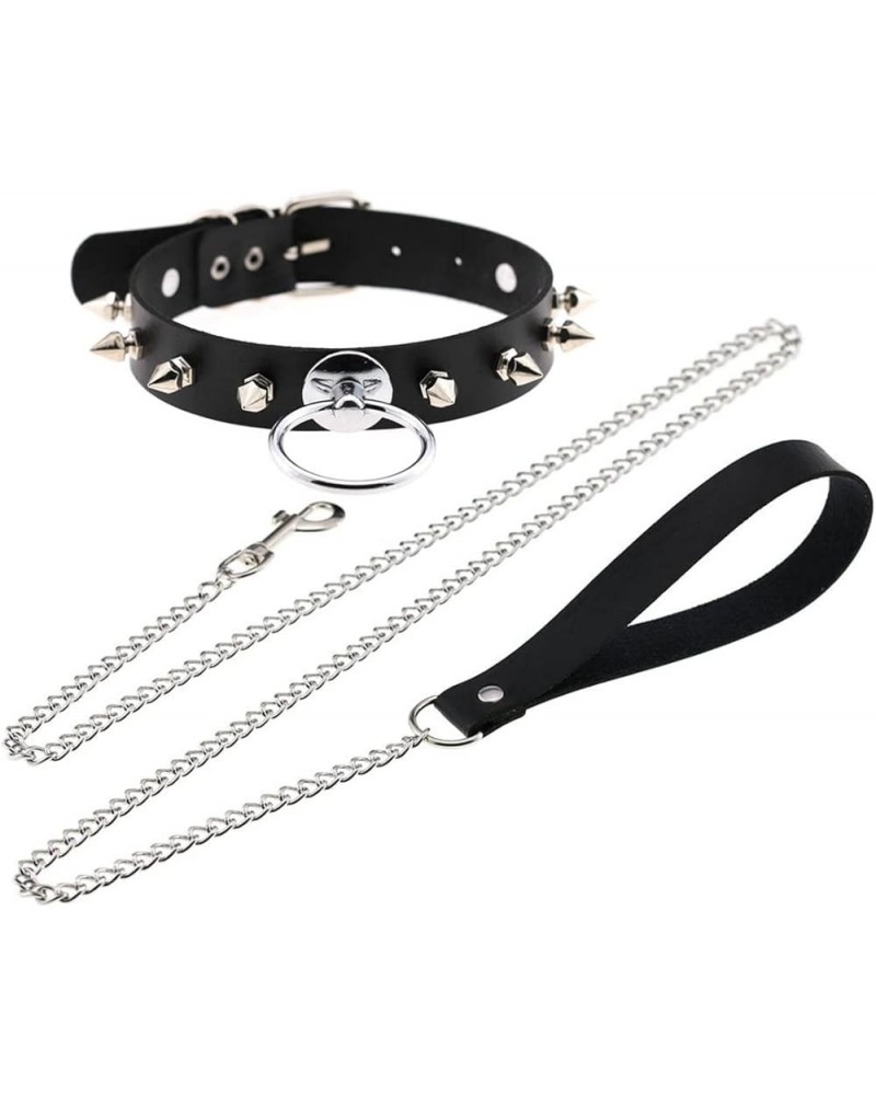 Punk Rivets Choker PU Leather Hauling Chain Collar Metal Ring Gothic Necklace NightClub Neck Accessories Adjustable Buckle Bl...