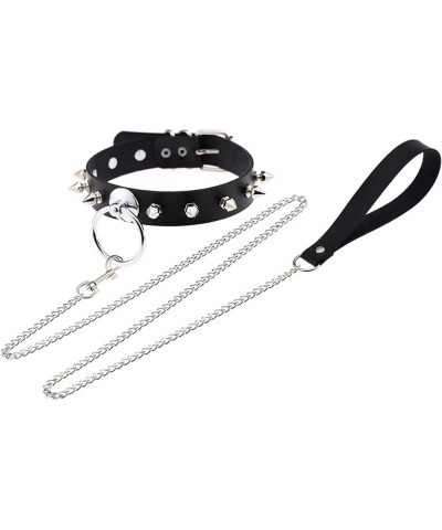 Punk Rivets Choker PU Leather Hauling Chain Collar Metal Ring Gothic Necklace NightClub Neck Accessories Adjustable Buckle Bl...