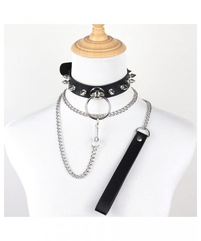 Punk Rivets Choker PU Leather Hauling Chain Collar Metal Ring Gothic Necklace NightClub Neck Accessories Adjustable Buckle Bl...