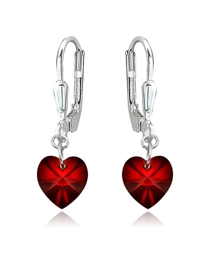 Sterling Silver European Crystal Dainty Heart Leverback Dangle Earrings for Women Girls July - Red $13.20 Earrings