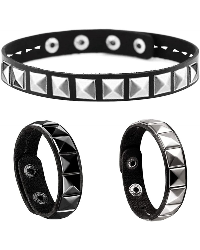 Pyramid Studded Choker Necklace and Bracelets for Men Women-80s Leather Wristband Wrist Cuff Armband Set -Punk Rock Emo Goth ...