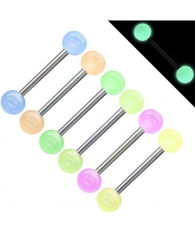 6pc GLOW IN THE DARK 14G Tongue Bar UV Acrylic Ball Capsule Multi Color Steel Bar Barbell Ring Piercing Jewelry Barbell Type ...