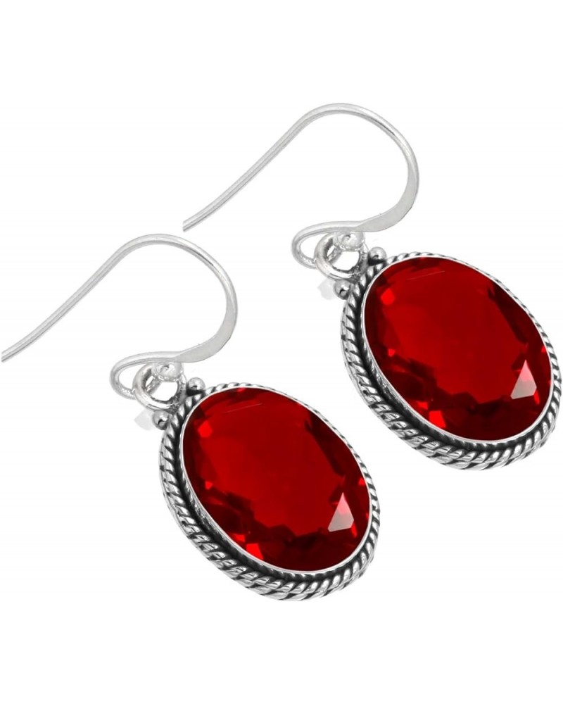 925 Sterling Silver Handmade Dangle Earring for Women Oval Gemstone Costume Silver Jewelry for Gift (98531_E) Ruby Simulated ...