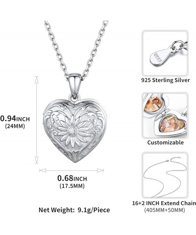 Personalized 925 Sterling Silver Sunflower Heart Shape Locket Necklace That Holds Pictures Custom Photo Locket Necklace for W...