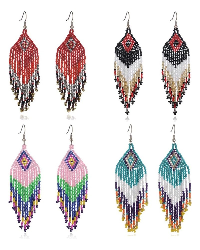 Women Jewellery 4 Pair Multicolor Nation Bohemian Style Tassel Earrings Handmade Beaded Jewelry $11.59 Earrings