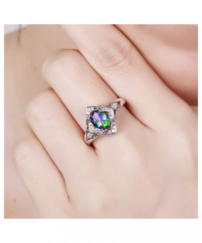 925 Silver Plated Oval Cut Simulated Ruby Spinel Flower Shaped Ring Promise Wedding Ring for Women D_Rainbow $4.00 Rings