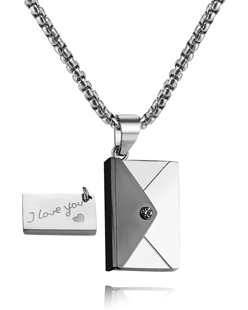 Envelope Love Letter Necklace for Women and Men Stainless Steel Engraved Locket with I Love You Secret Message Jewelry Pendan...