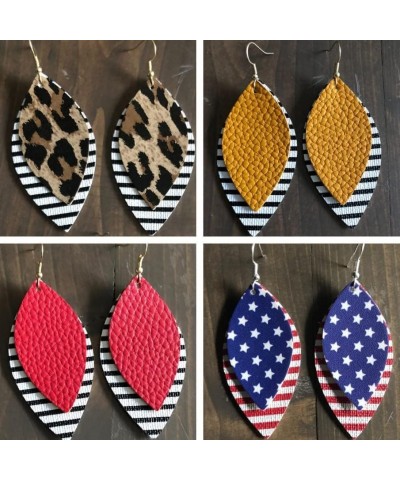 Boho Leather Earrings for Women Girls Layered Teardrop Leather Earrings American Flag Sequin Leopard Leather Drop Earrings Re...