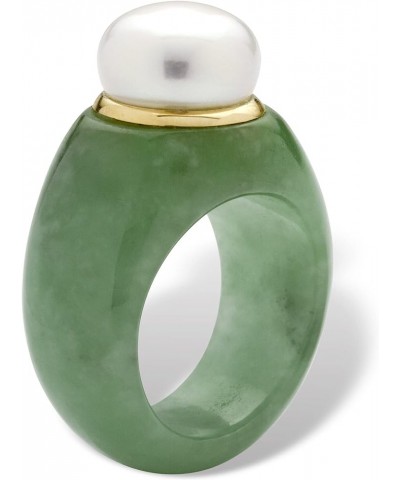 PalmBeach Jewelry 10K Yellow Gold Round Genuine Cultured Freshwater Pearl set in Genuine Black or Green Jade Ring (11 mm) Gre...