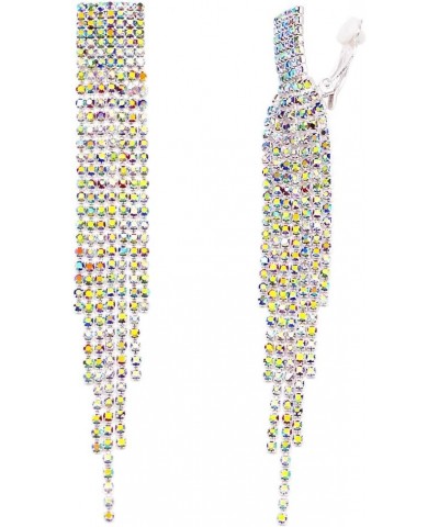 Women's Stunning Crystal Fringe Shoulder Duster Clip On Earrings, 4.5 Multicolored AB Crystal Silver Tone $14.49 Earrings