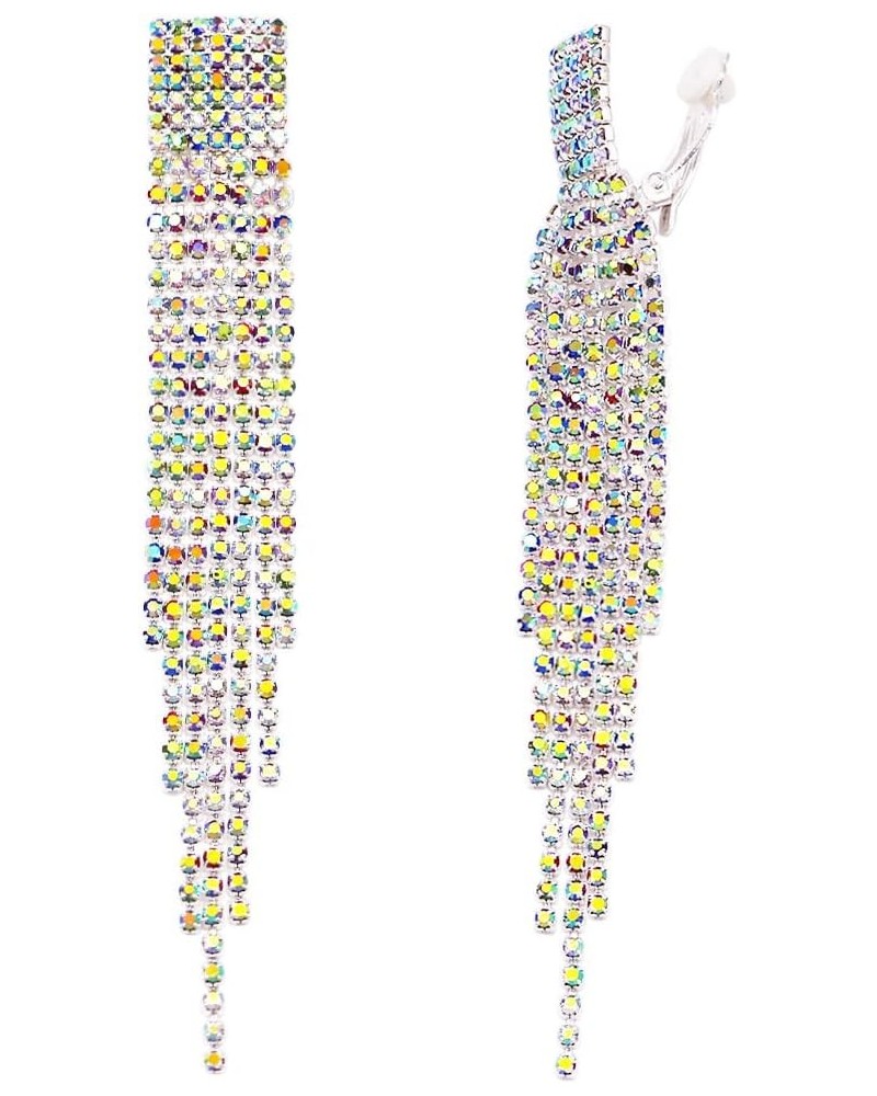 Women's Stunning Crystal Fringe Shoulder Duster Clip On Earrings, 4.5 Multicolored AB Crystal Silver Tone $14.49 Earrings