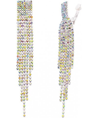 Women's Stunning Crystal Fringe Shoulder Duster Clip On Earrings, 4.5 Multicolored AB Crystal Silver Tone $14.49 Earrings