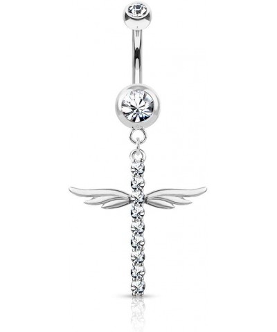 Dynamique CZ Paved Cross With Wings Dangle Double Jeweled 316L Surgical Steel Belly Button Rings (Sold Per Piece) Clear $10.7...