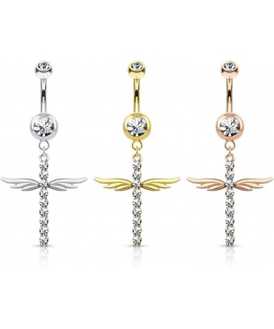 Dynamique CZ Paved Cross With Wings Dangle Double Jeweled 316L Surgical Steel Belly Button Rings (Sold Per Piece) Clear $10.7...