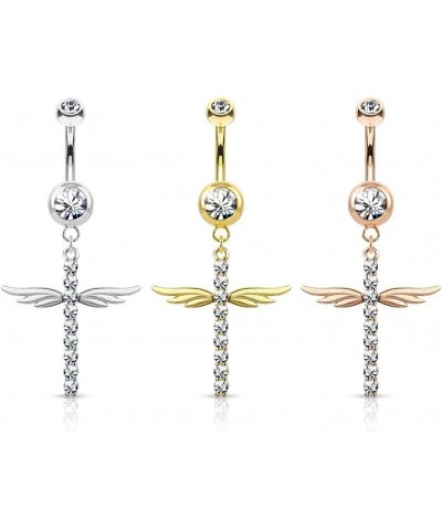 Dynamique CZ Paved Cross With Wings Dangle Double Jeweled 316L Surgical Steel Belly Button Rings (Sold Per Piece) Clear $10.7...