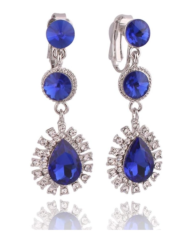 High-grade Rhinestone Crystal Long Clip on Earrings No Pierced for Women Party Wedding Ear Clip Silver-Navy Blue $7.29 Earrings