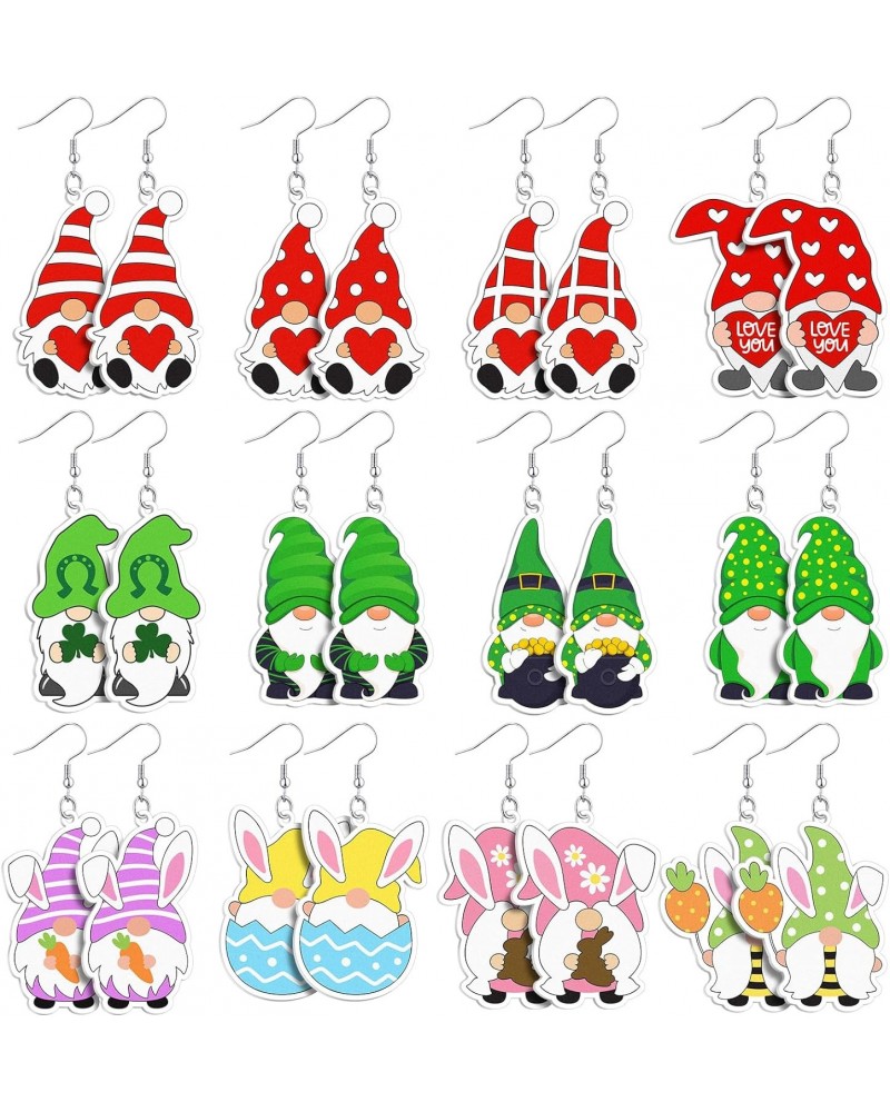 12 Pairs St. Patrick's Day Drop Earrings Easter Acrylic Earrings Easter Gnome Earrings Bunny Clover Green Holiday Shamrocks I...