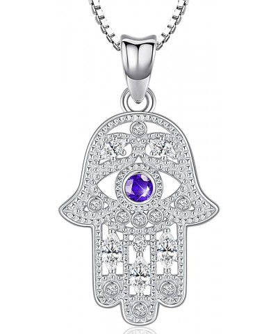 S925 Sterling Silver Birthstone Jewelry,Hamsa Necklace for Women, Hand of Fatima Evil Eye Pendant with Cubic Zirconia, Birthd...