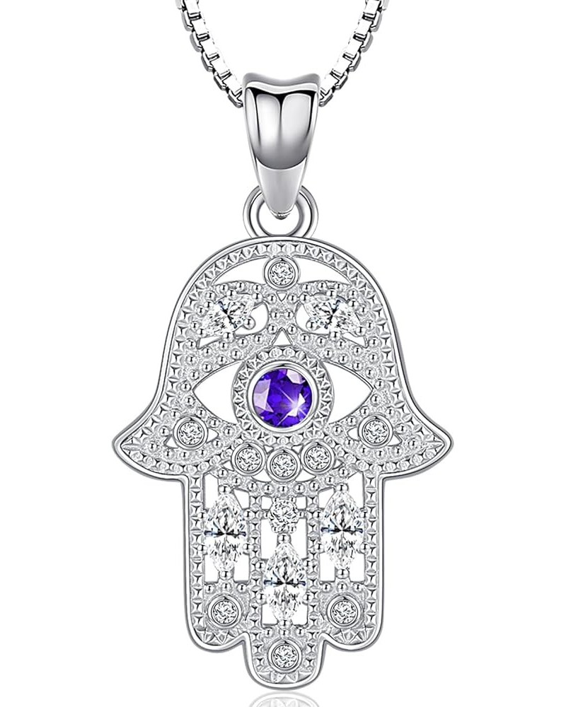 S925 Sterling Silver Birthstone Jewelry,Hamsa Necklace for Women, Hand of Fatima Evil Eye Pendant with Cubic Zirconia, Birthd...