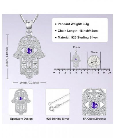 S925 Sterling Silver Birthstone Jewelry,Hamsa Necklace for Women, Hand of Fatima Evil Eye Pendant with Cubic Zirconia, Birthd...