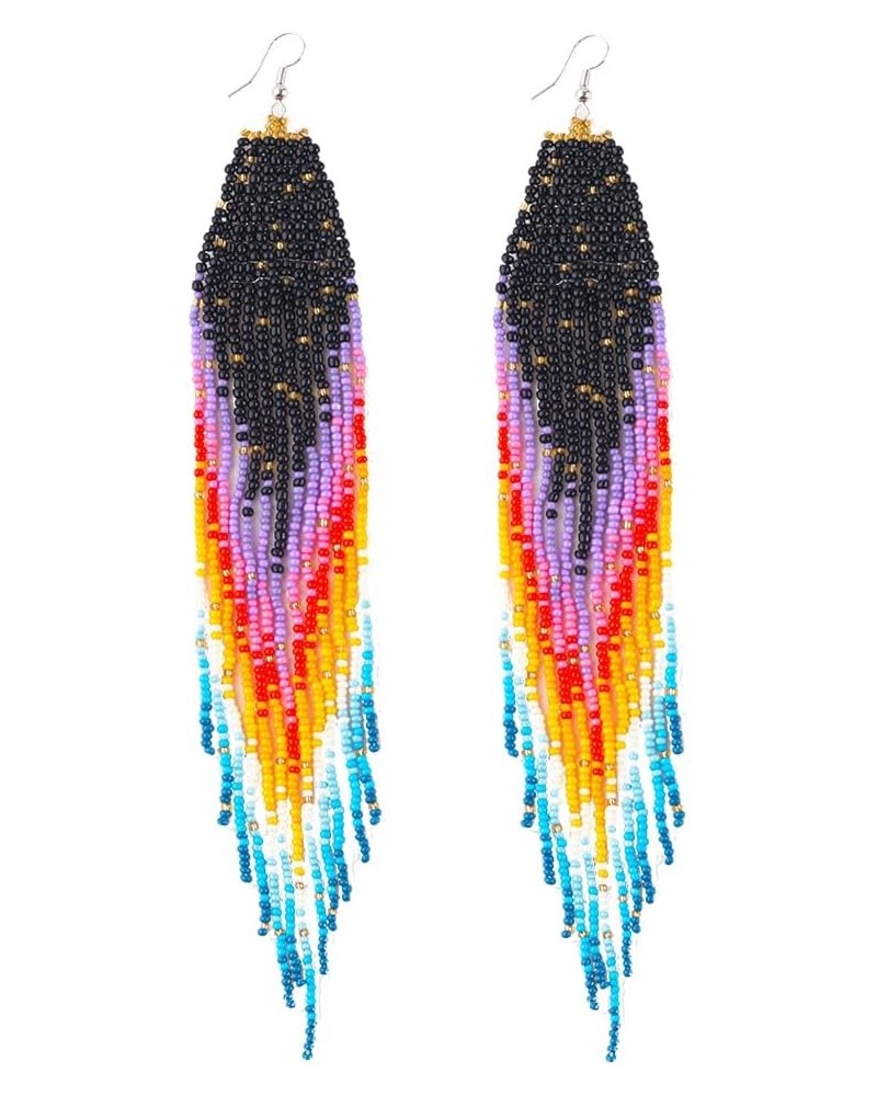 Extra Long Beaded Earrings, Boho Statement Native Beaded Chandelier Dangle Earrings, Bohemian Indian Mexican Handmade Seed Be...