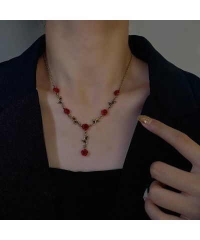 Red Rose Jewelry Set - Rose Flower Pendant Necklace, Bracelet and Dangle Earrings with Red Crystal Accents, Gothic Lolita Sty...