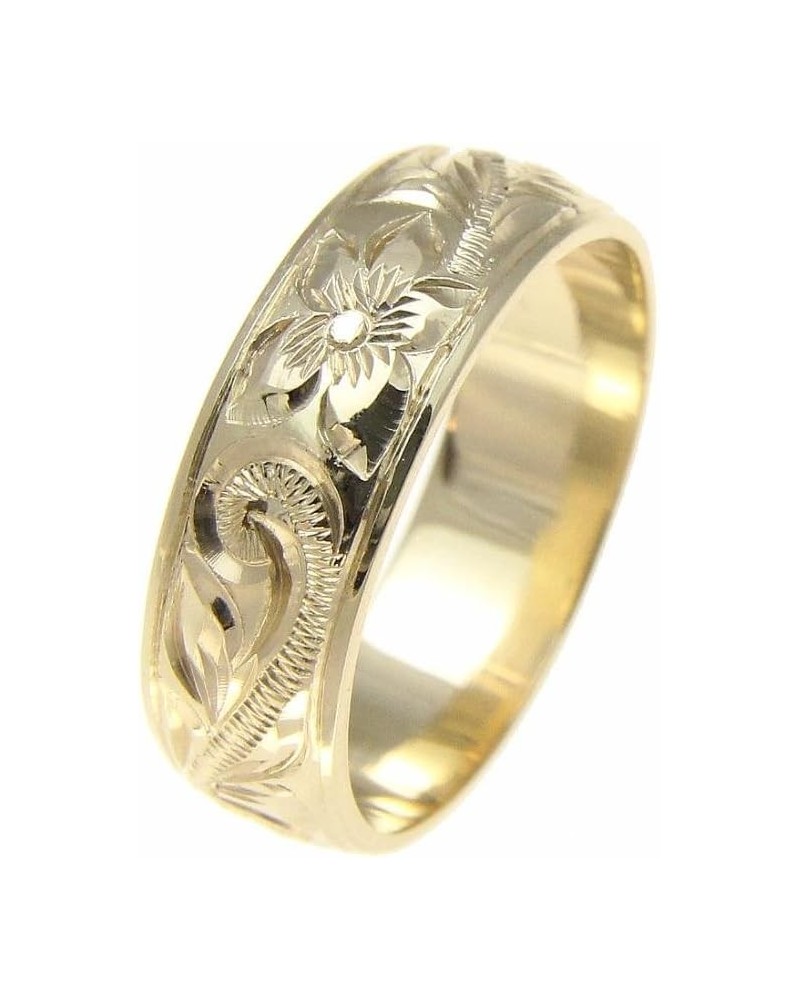 14K yellow gold hand engraved Hawaiian plumeria scroll band ring smooth edge 6mm $191.14 Rings