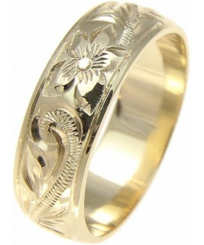 14K yellow gold hand engraved Hawaiian plumeria scroll band ring smooth edge 6mm $191.14 Rings