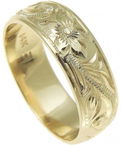 14K yellow gold hand engraved Hawaiian plumeria scroll band ring smooth edge 6mm $191.14 Rings