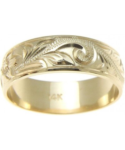 14K yellow gold hand engraved Hawaiian plumeria scroll band ring smooth edge 6mm $191.14 Rings