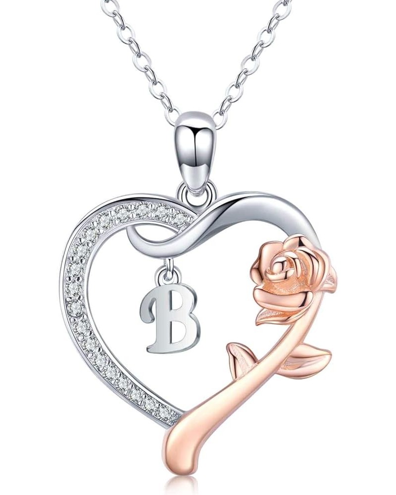 Rose Gold Initial Letter Necklaces for Women S925 Sterling Silver Love Heart Letters with Rose Flower Pendant Christmas Brith...