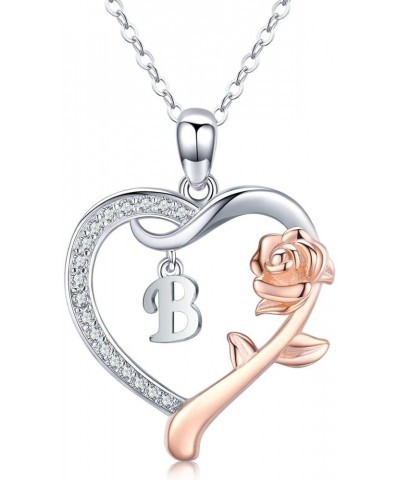 Rose Gold Initial Letter Necklaces for Women S925 Sterling Silver Love Heart Letters with Rose Flower Pendant Christmas Brith...