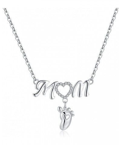 Heart Mom Necklace with Baby Feet for Mom 925 Sterling Silver Tiny Foot Print Son Daughter Necklace I Love You for Women Girl...