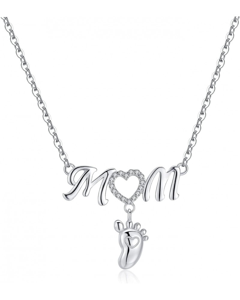 Heart Mom Necklace with Baby Feet for Mom 925 Sterling Silver Tiny Foot Print Son Daughter Necklace I Love You for Women Girl...