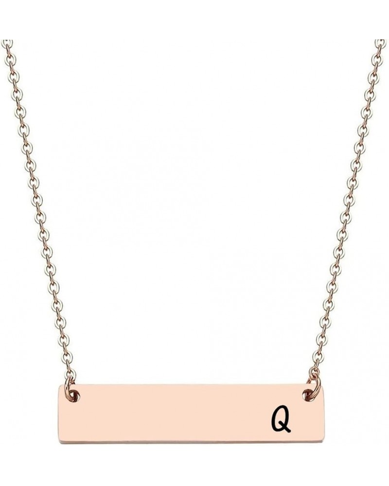 Silver & Rose Gold Initial Bar Necklace Engraved Name Bar Pendant Wedding Initial Bridesmaid Gift Q - Rose Gold $10.25 Necklaces