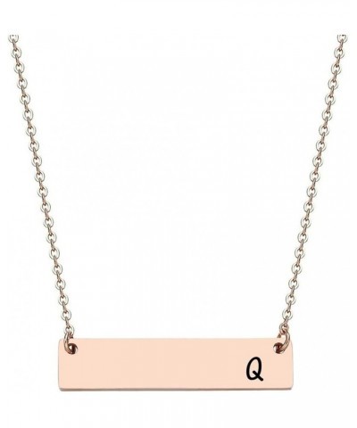 Silver & Rose Gold Initial Bar Necklace Engraved Name Bar Pendant Wedding Initial Bridesmaid Gift Q - Rose Gold $10.25 Necklaces