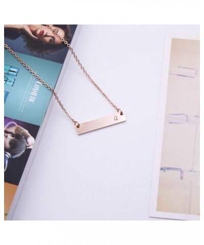 Silver & Rose Gold Initial Bar Necklace Engraved Name Bar Pendant Wedding Initial Bridesmaid Gift Q - Rose Gold $10.25 Necklaces