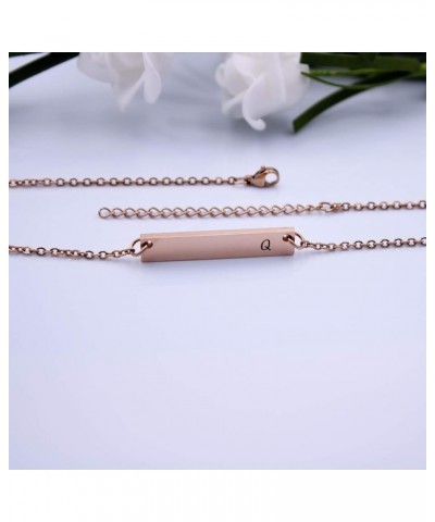 Silver & Rose Gold Initial Bar Necklace Engraved Name Bar Pendant Wedding Initial Bridesmaid Gift Q - Rose Gold $10.25 Necklaces