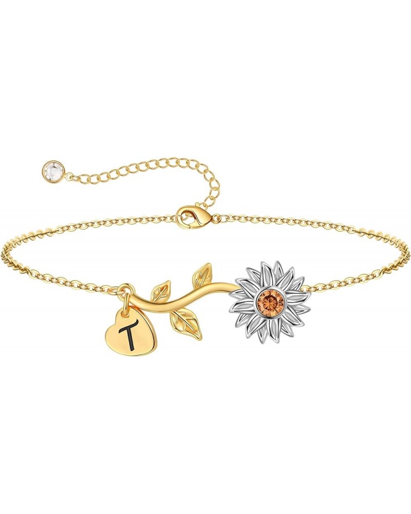 Sunflower Gifts for Girls Women - Sunflower Initial Bracelets, 14K Gold Plated Bracelet | Delicate Sunflower Jewelry | Heart ...