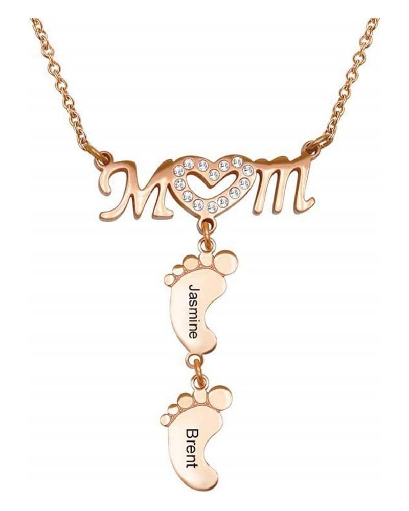 Personalized Name Engraved Cubic Zirconia Heart Mom and Baby Feet Pendant Mother Necklace 4 Feet Rose Gold $18.22 Necklaces