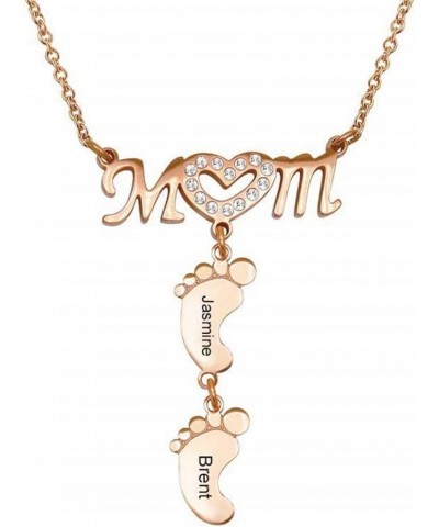 Personalized Name Engraved Cubic Zirconia Heart Mom and Baby Feet Pendant Mother Necklace 4 Feet Rose Gold $18.22 Necklaces