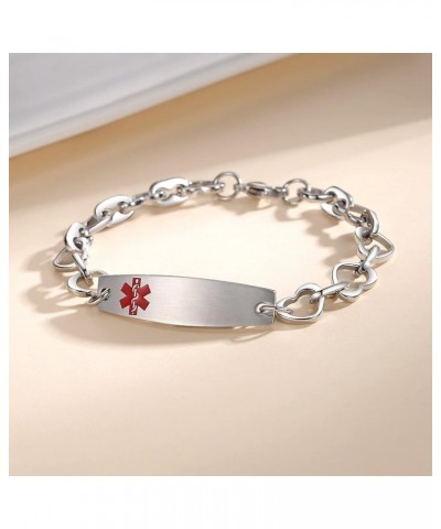 7.5 IN Fashion Medical Alert Bracelets for Women Stainless Steel Heart Link Medical bracelets with Free custom engraving Silv...